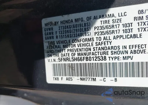 2015 Honda Odyssey Ex-L z USA, uszkodzony, nr VIN 5FNRL5H66FB012538